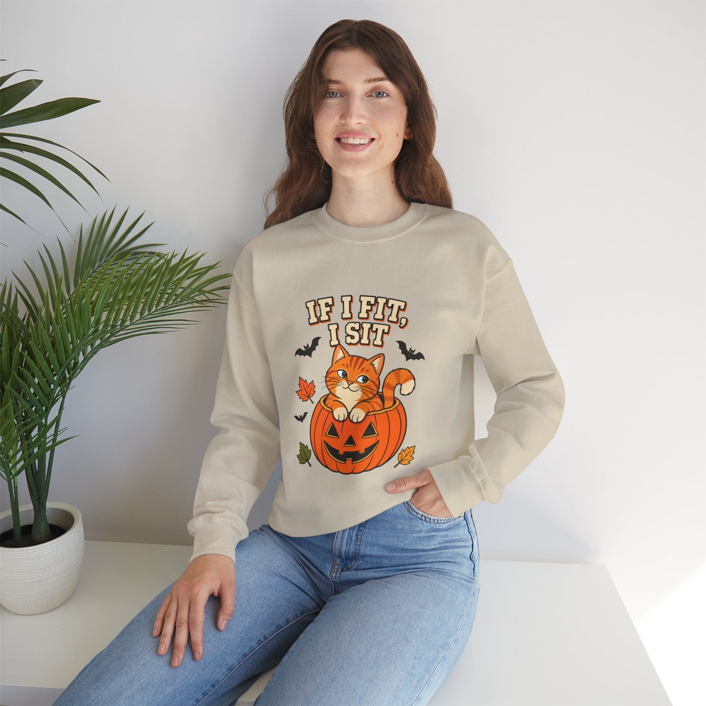 If I Fit, I Sit Halloween Cat Sweatshirt – Pumpkin Cat Crewneck
