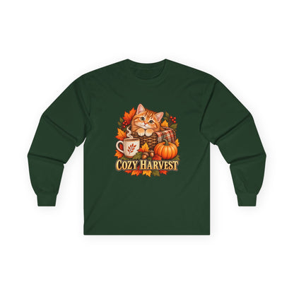 Forest green long-sleeve T-shirt with a Cozy Harvest kitten, pumpkin, coffee mug and colorful fall leaves design