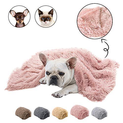 Dog lying on a fluffy pink blanket with close-up insets of the blanket and dog, and color swatches below.