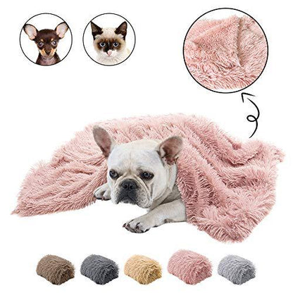 Dog lying on a fluffy pink blanket with close-up insets of the blanket and dog, and color swatches below.