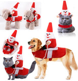 Collage of pets wearing Santa-themed outfits on a white background
