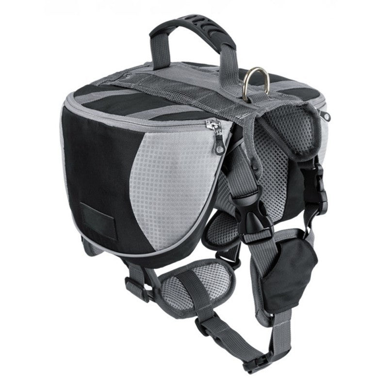 Black and gray backpack with multiple straps on a white background