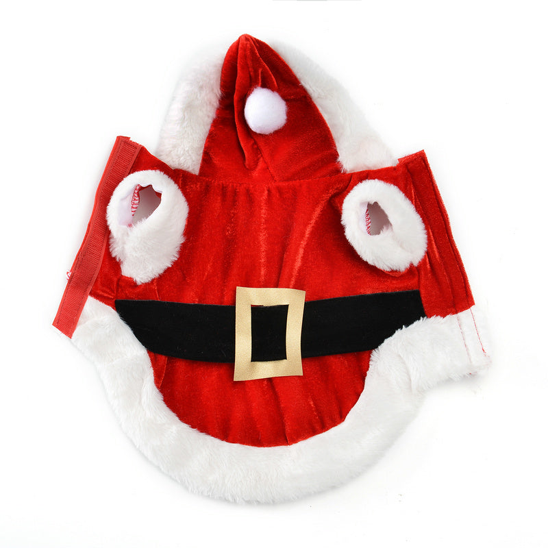 Red Santa dog costume with the hood extended, white trim, and decorative belt