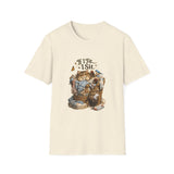 An off-white crewneck t-shirt featuring a vintage-style graphic of a cat sitting in a laundry basket with the text 'If I Fit...I Sit'