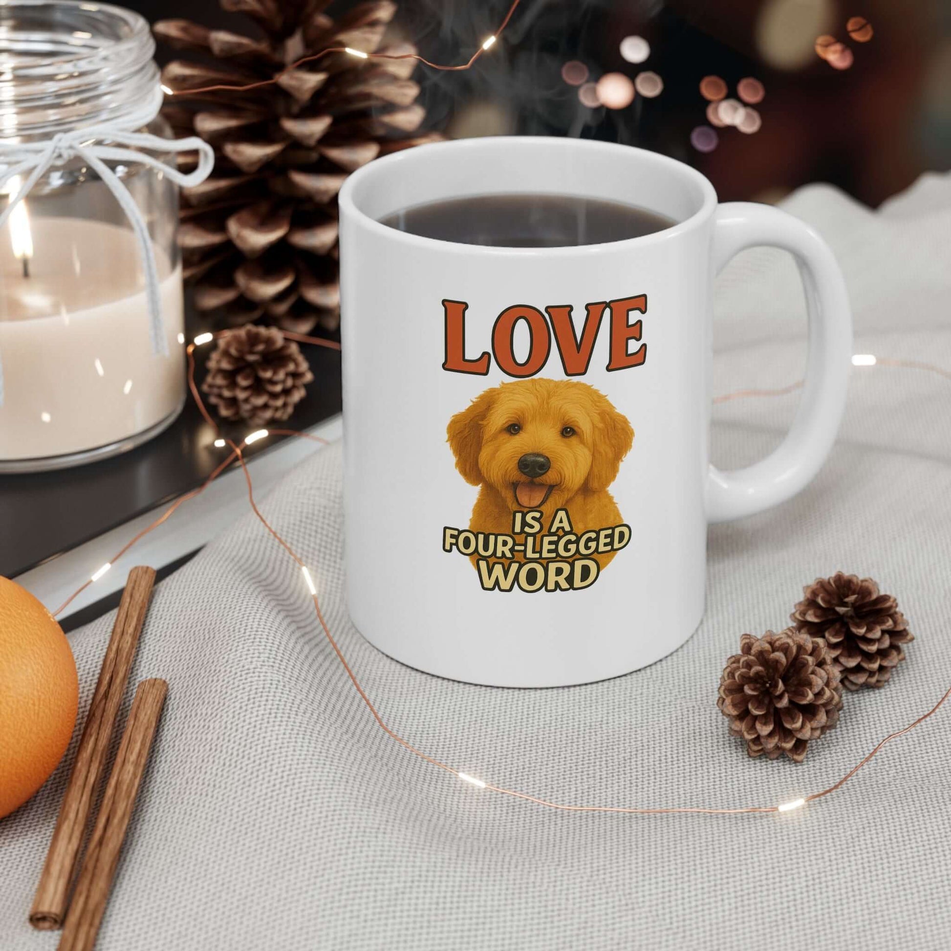 Goldendoodle Coffee Mug—"Love Is a Four-Legged Word" for pet lovers, ideal pet accessories for dogs.