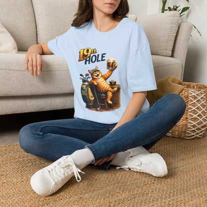 19th Hole funny cat golf T-shirt in light blue with orange tabby golfer