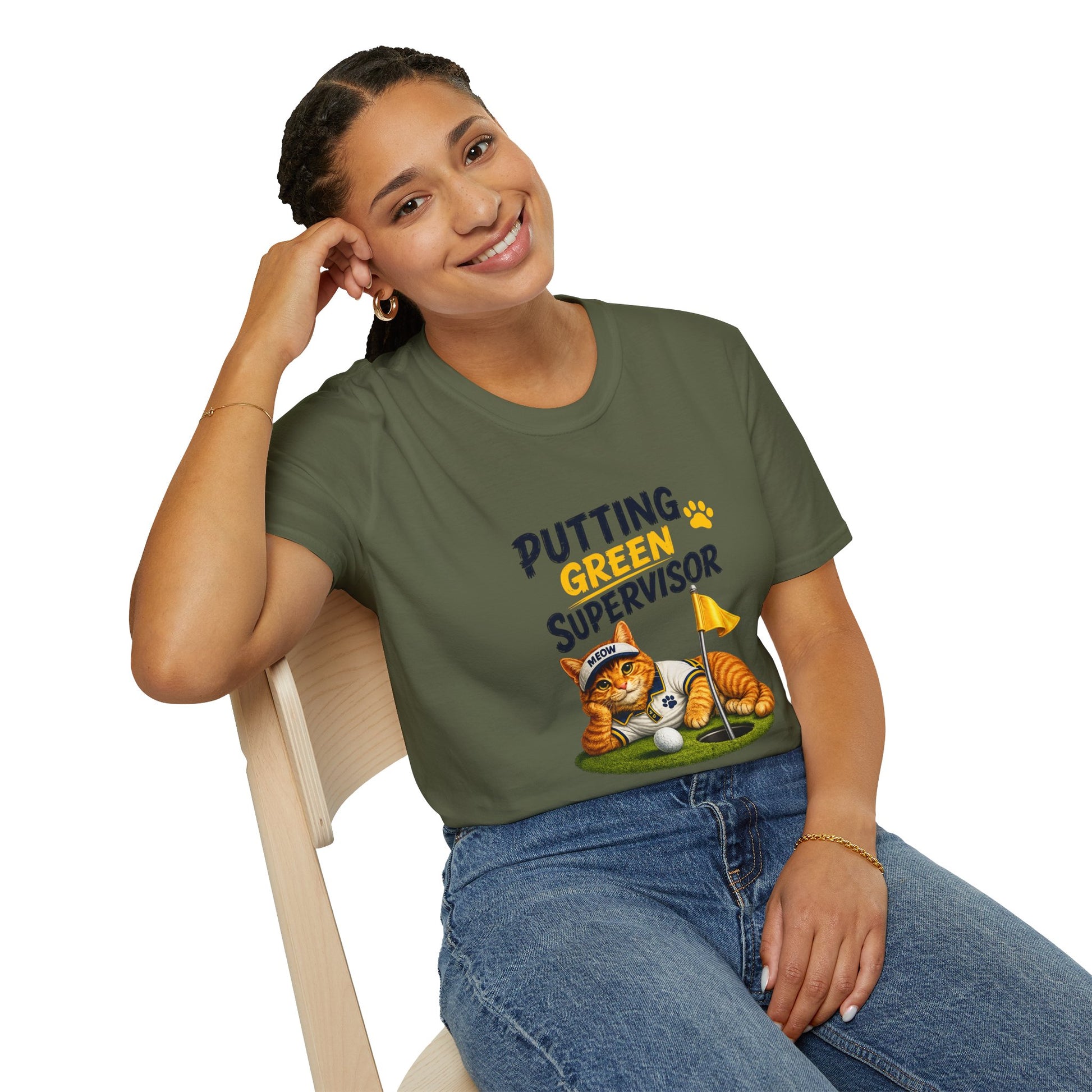 Putting Green Supervisor funny cat golf T-shirt with orange tabby beside golf hole- military green