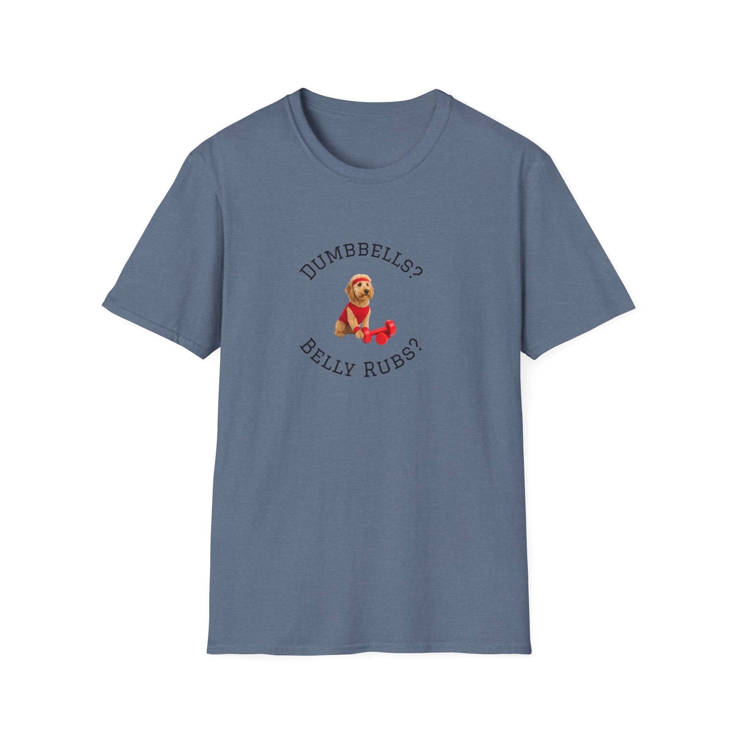 Goldendoodle Dog Lover Workout Tee – “Belly Rubs or Dumbbells?” showcasing a cute pup and playful text.
