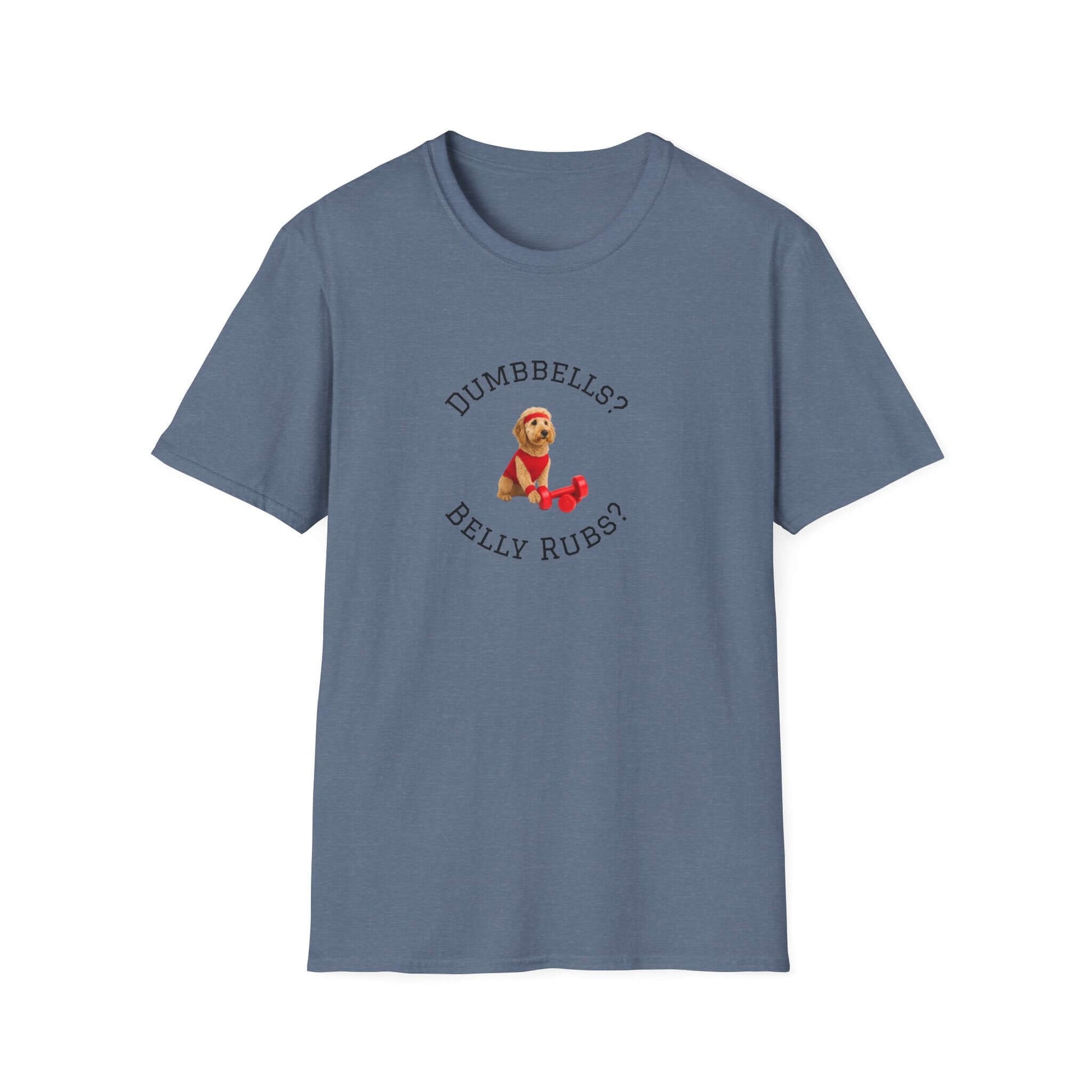 Goldendoodle Dog Lover Workout Tee – “Belly Rubs or Dumbbells?” showcasing a cute pup and playful text.