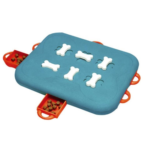 Blue and orange puzzle toy for dogs with bone-shaped compartments on a white background