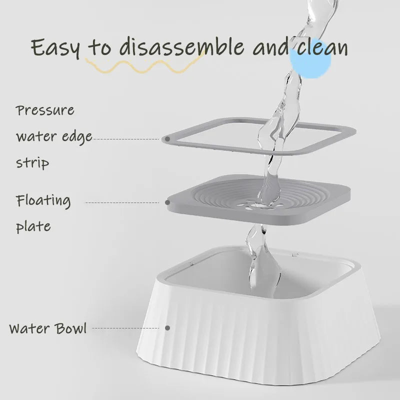 Pet water bowl with labeled parts and text 'Easy to disassemble and clean' on a white background