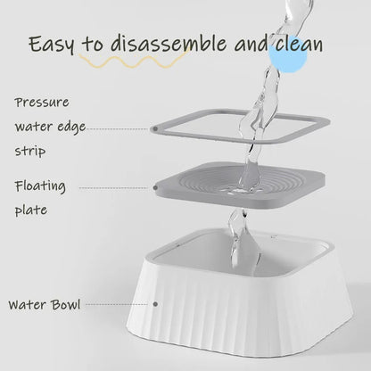 Pet water bowl with labeled parts and text 'Easy to disassemble and clean' on a white background