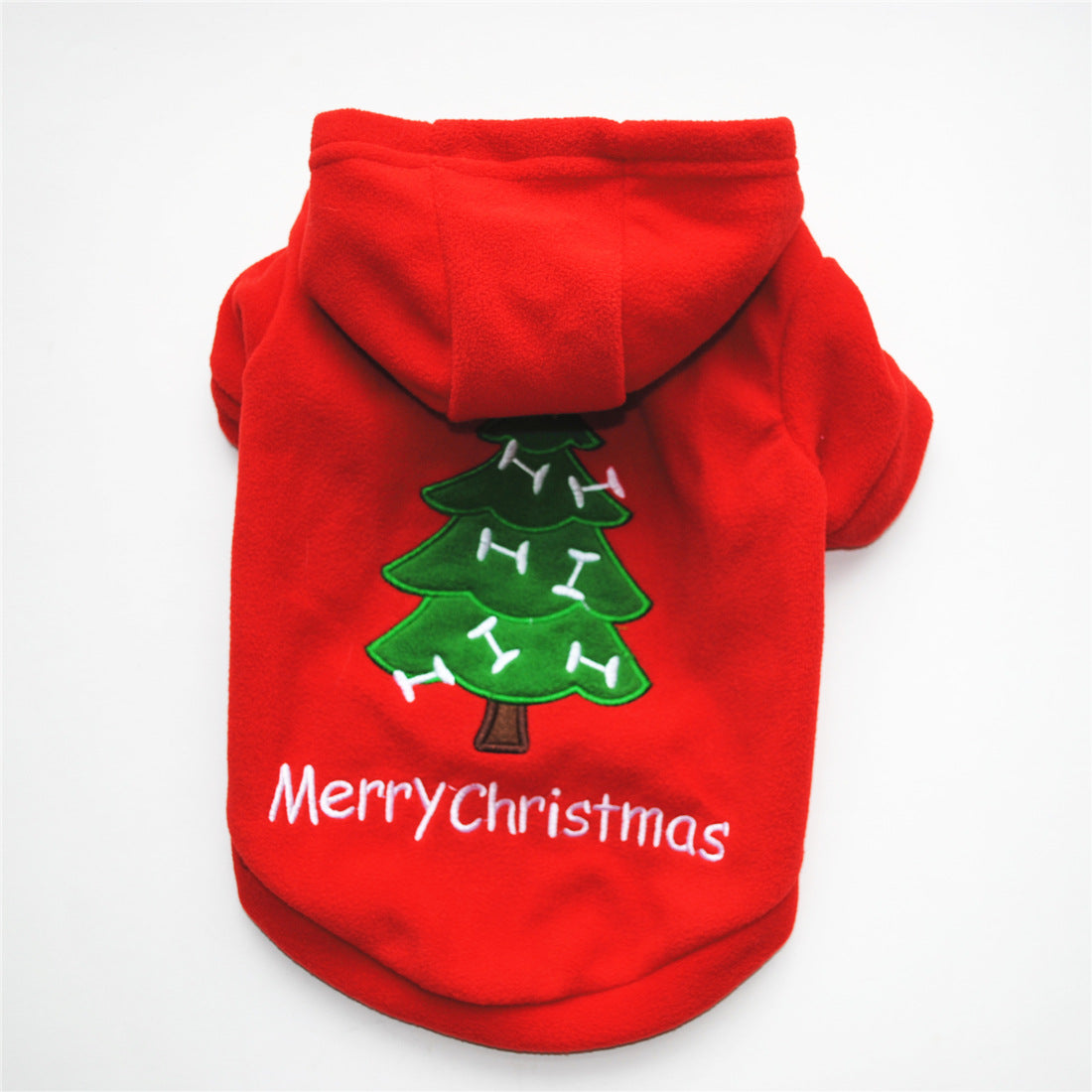 Red Christmas fleece pet costume with Christmas Tree design, shown from the  back 