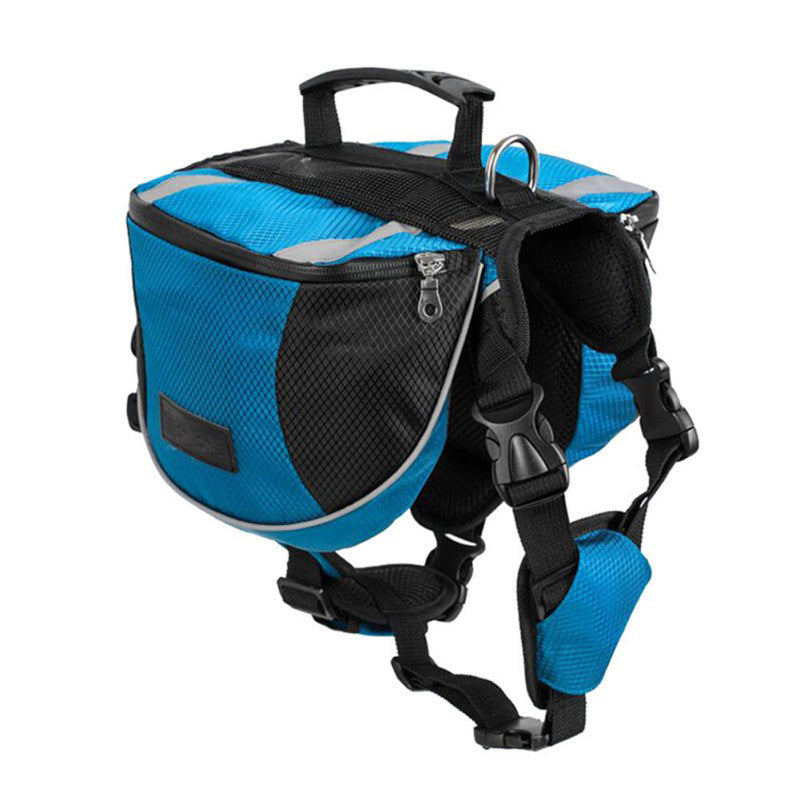 Blue and black dog backpack with reflective stripes on a white background
