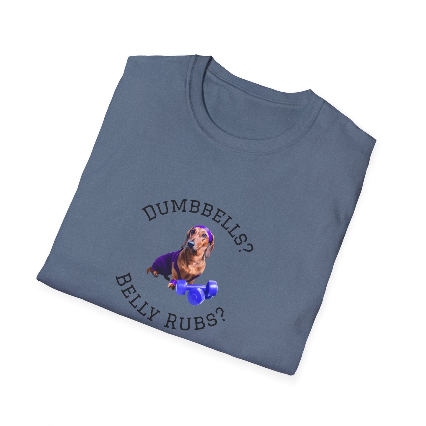 Folded blue t-shirt with a dachshund graphic and text on a white background