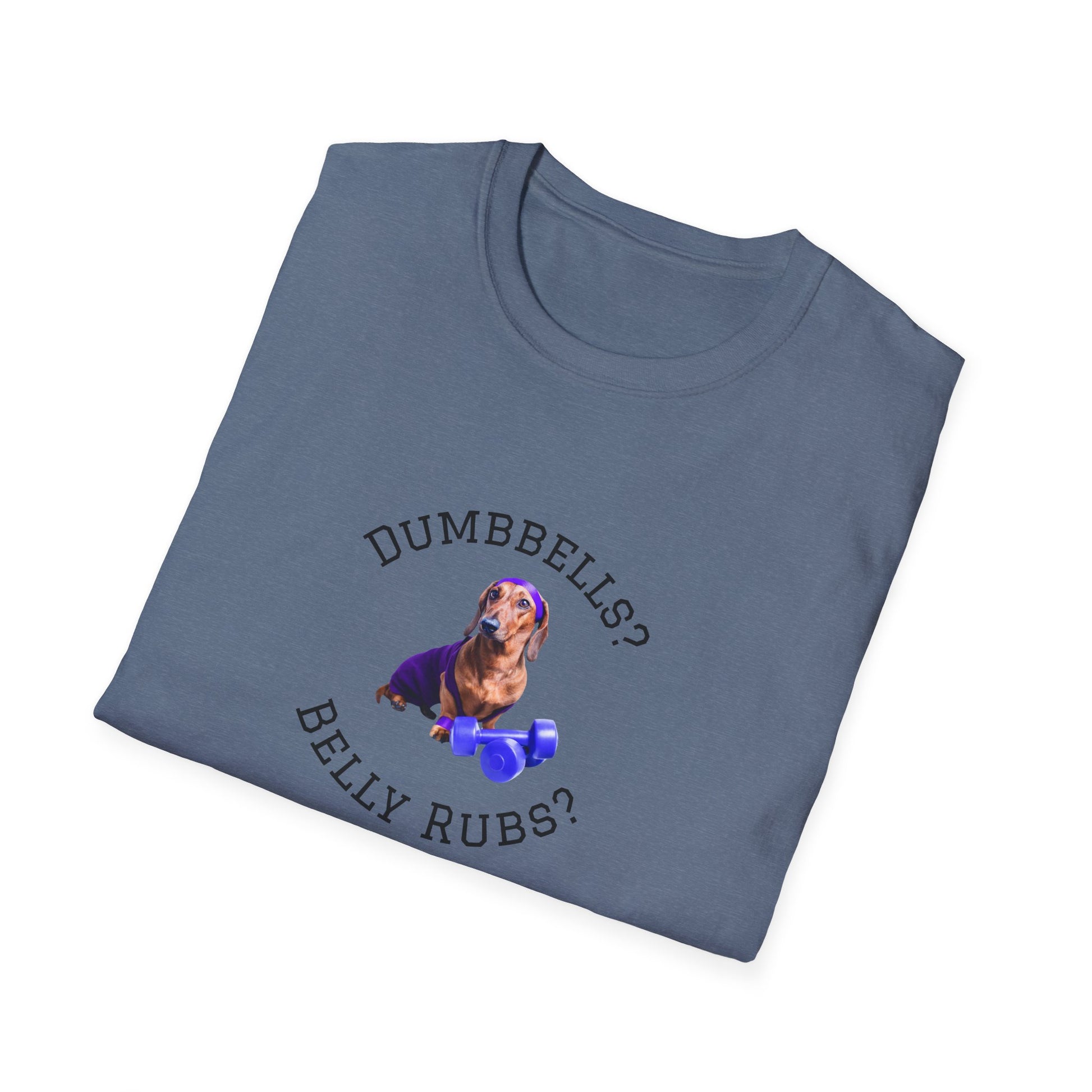 Folded blue t-shirt with a dachshund graphic and text on a white background