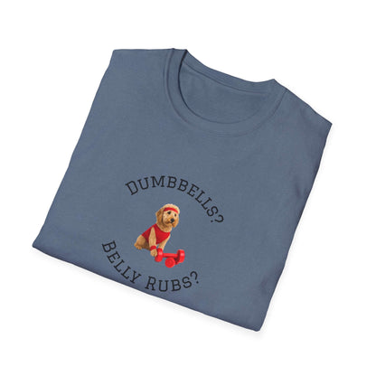 Goldendoodle Dog Lover Workout Tee – “Belly Rubs or Dumbbells?” featuring a cute dog design on a blue tee.