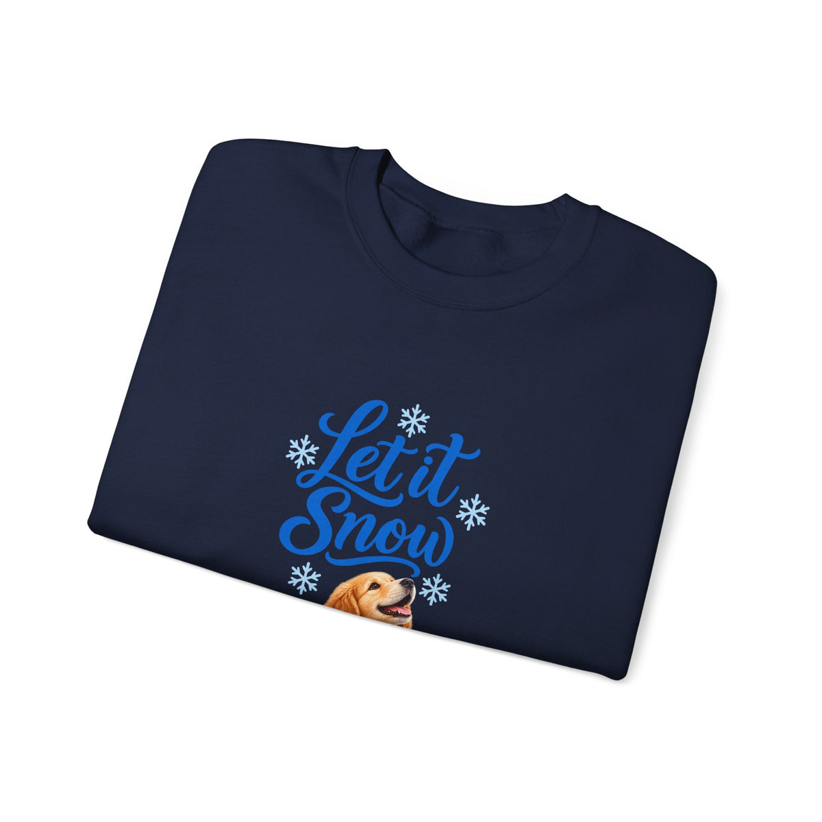 Navy Let It Snow folded sweatshirt featuring a golden retriever puppy in a blue scarf beneath blue script and snowflakes.