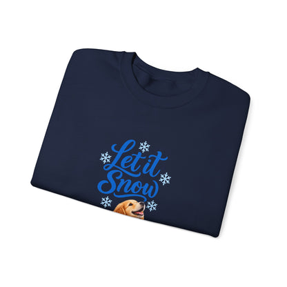 Navy Let It Snow folded sweatshirt featuring a golden retriever puppy in a blue scarf beneath blue script and snowflakes.