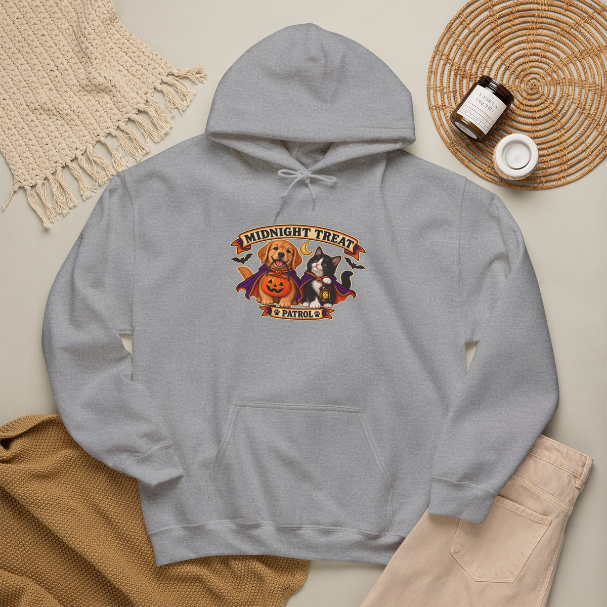 Midnight Treat Patrol Halloween puppy and kitten hoodie in Sport Grey 