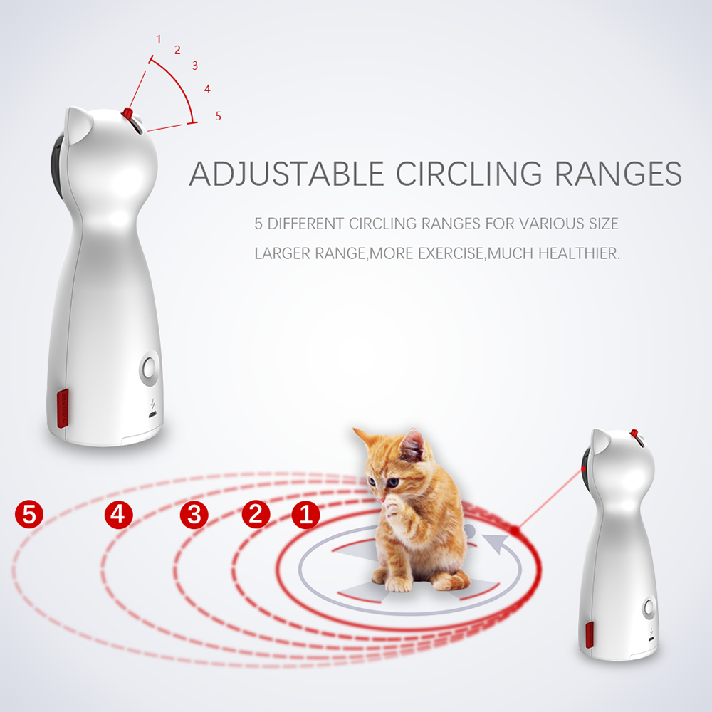 Cat toy with adjustable circling ranges and a cat interacting with it on a white background.