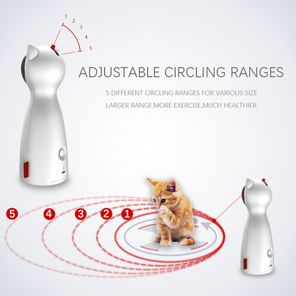 Cat toy with adjustable circling ranges and a cat interacting with it on a white background.