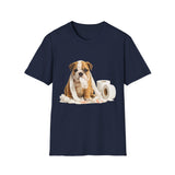 Navy blue t-shirt with a graphic of a dog and toilet paper on a white background