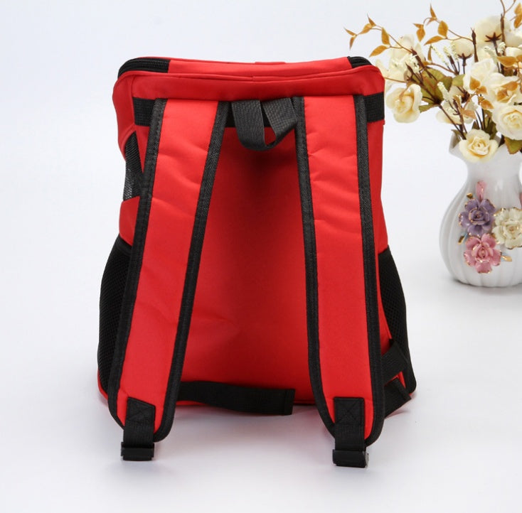 Red backpack with black straps on a white background