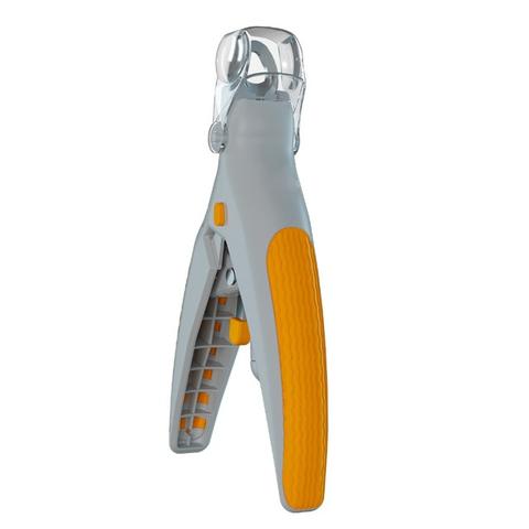 Pet nail clipper with orange and gray design on a white background