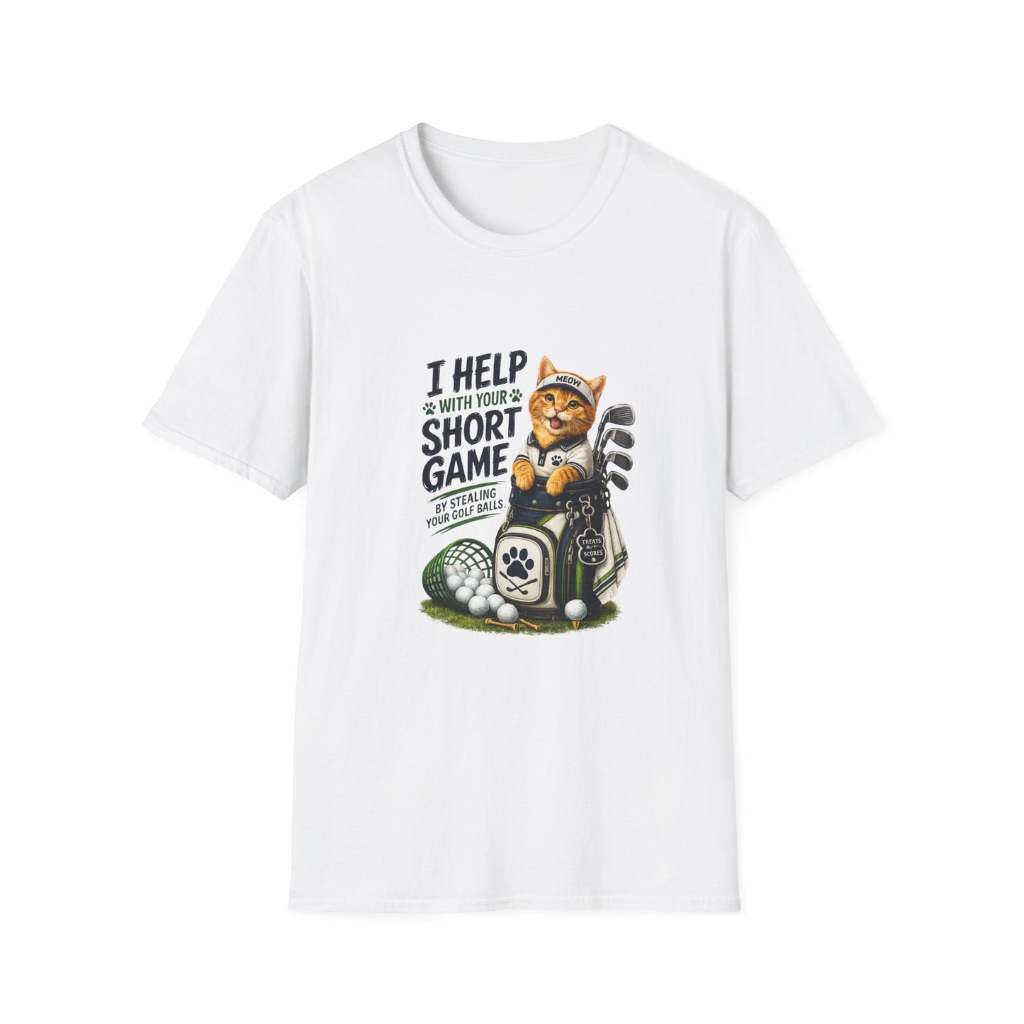 A  white graphic T-shirt is displayed in a styled flat lay on a light beige surface. The shirt features a cartoon cat wearing a baseball cap and holding golf clubs, with the text 'I HELP WITH YOUR SHORT GAME BY STEALING GOLF BALLS.