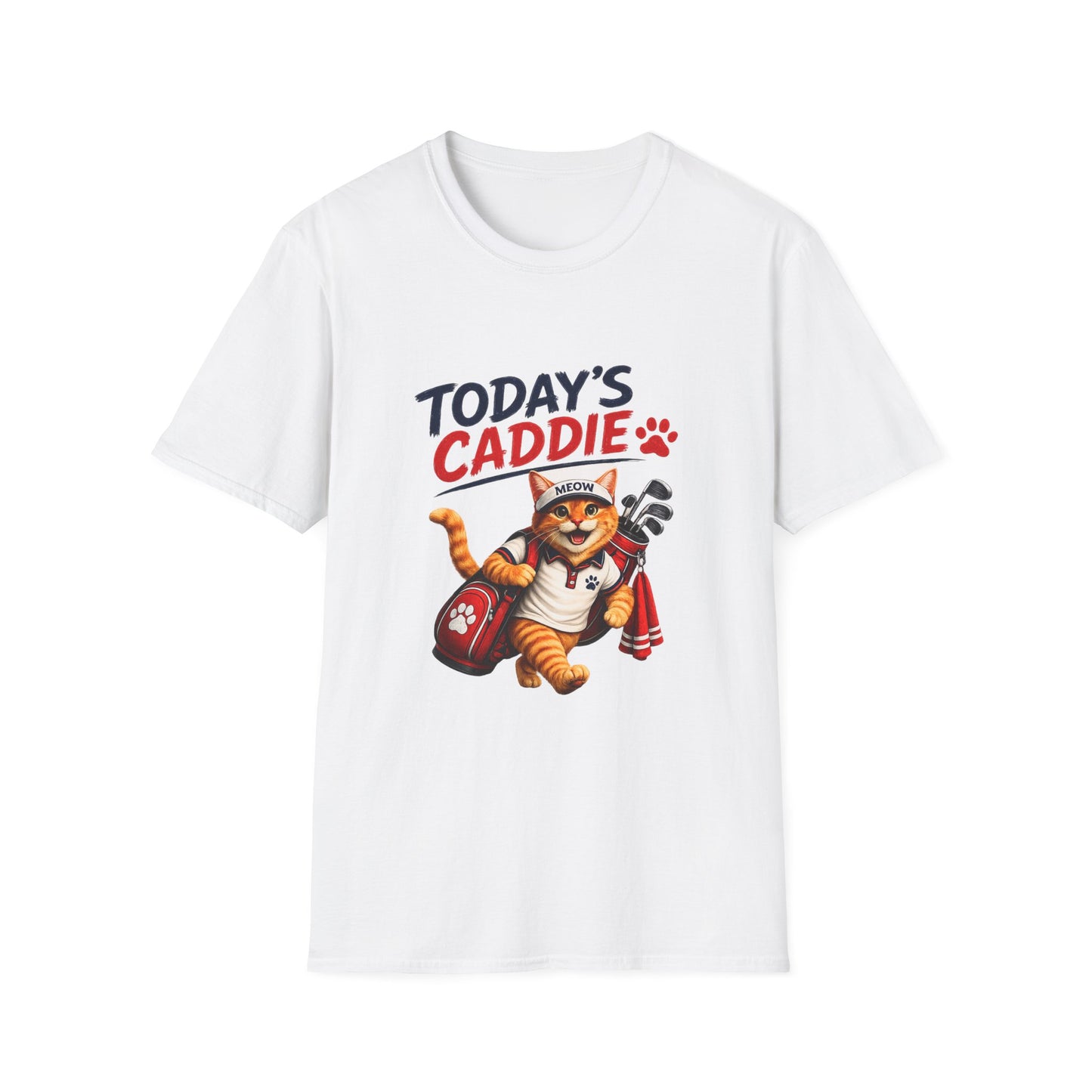 An white short-sleeve crewneck t-shirt featuring a cartoon graphic of an orange tabby cat wearing a cap and holding golf clubs, with the text 'TODAY'S CADDIE' 