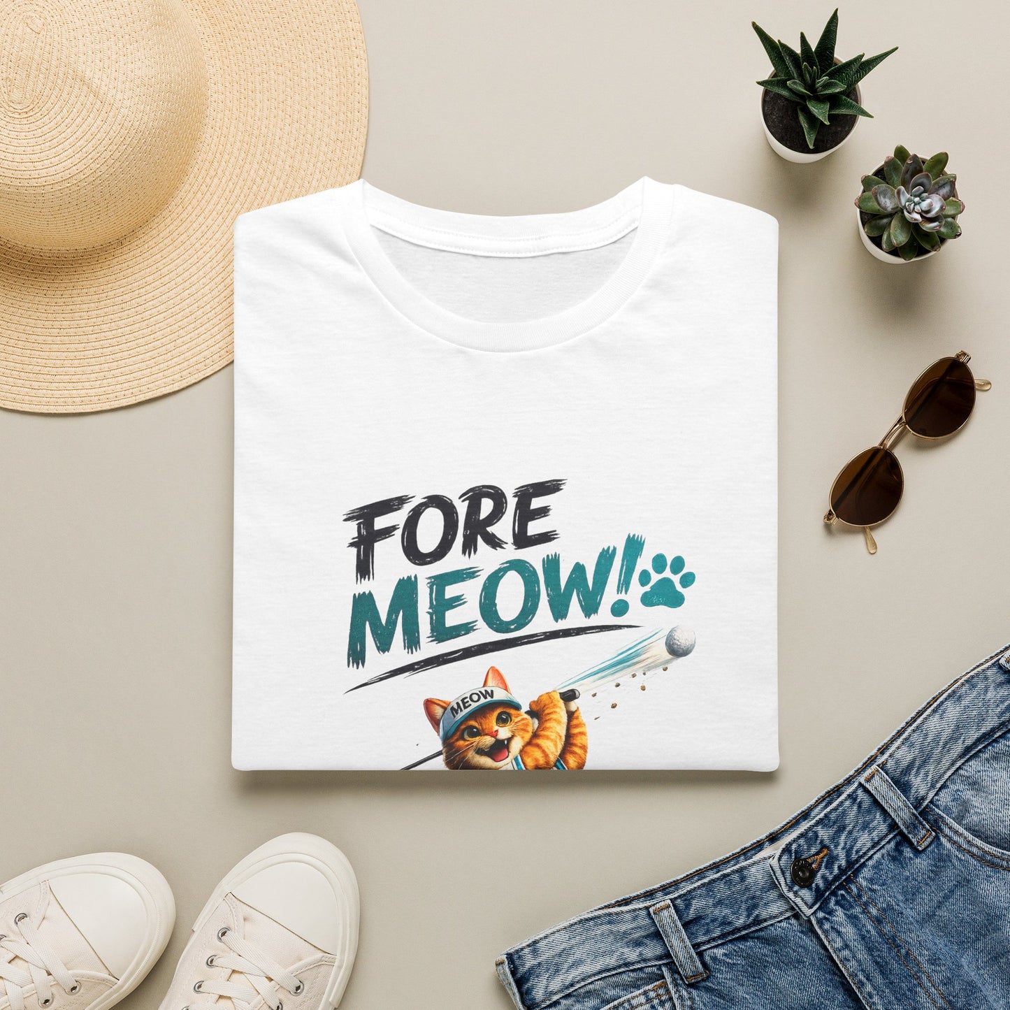 A folded white graphic T-shirt is displayed in a styled flat lay on a light beige surface. The shirt features the text 'FORE MEOW!' in black and teal lettering with a cartoon orange tabby cat illustration below.