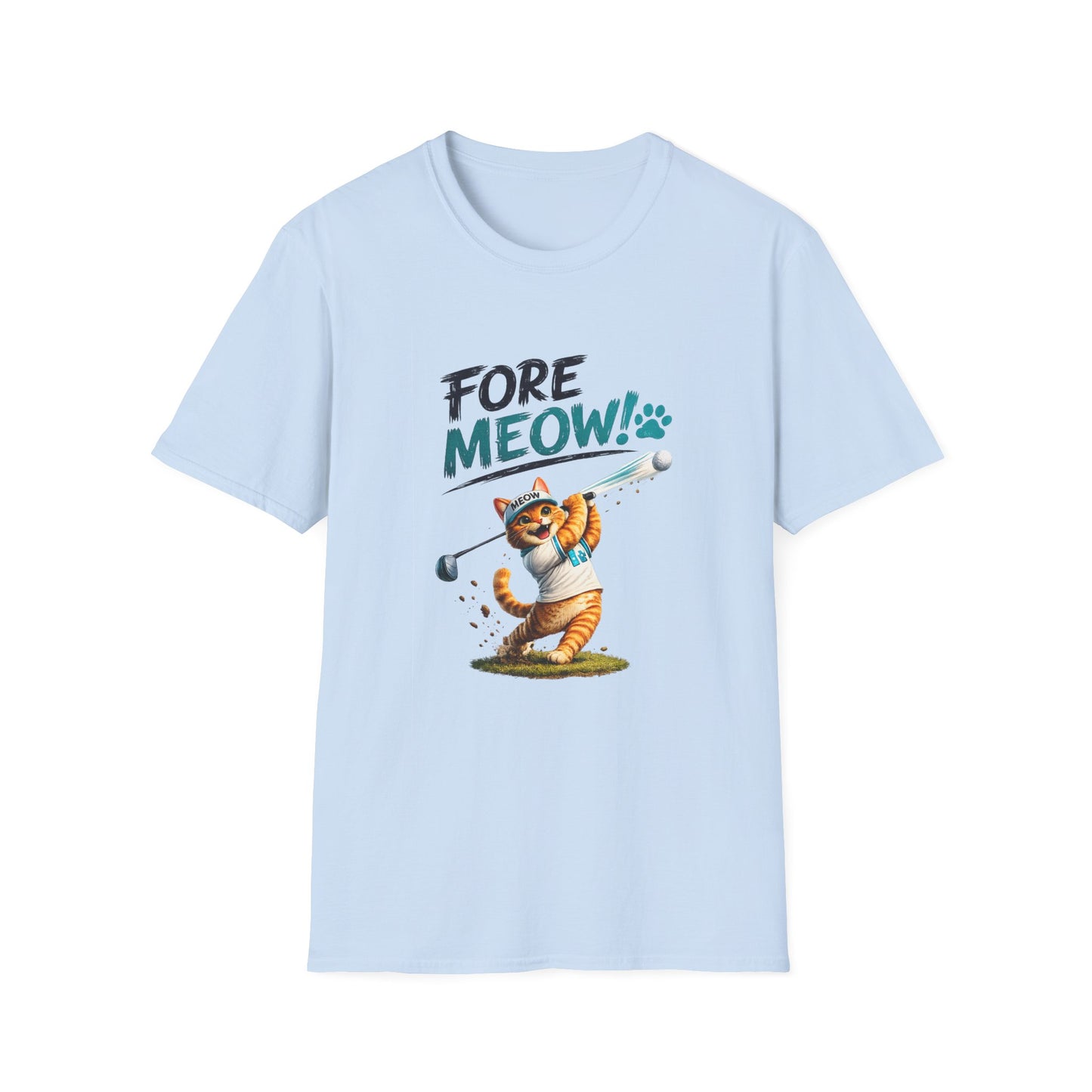 A light blue short-sleeve crewneck t-shirt featuring a graphic of an orange tabby cat playing golf with the text 'FORE MEOW!' and a paw print.