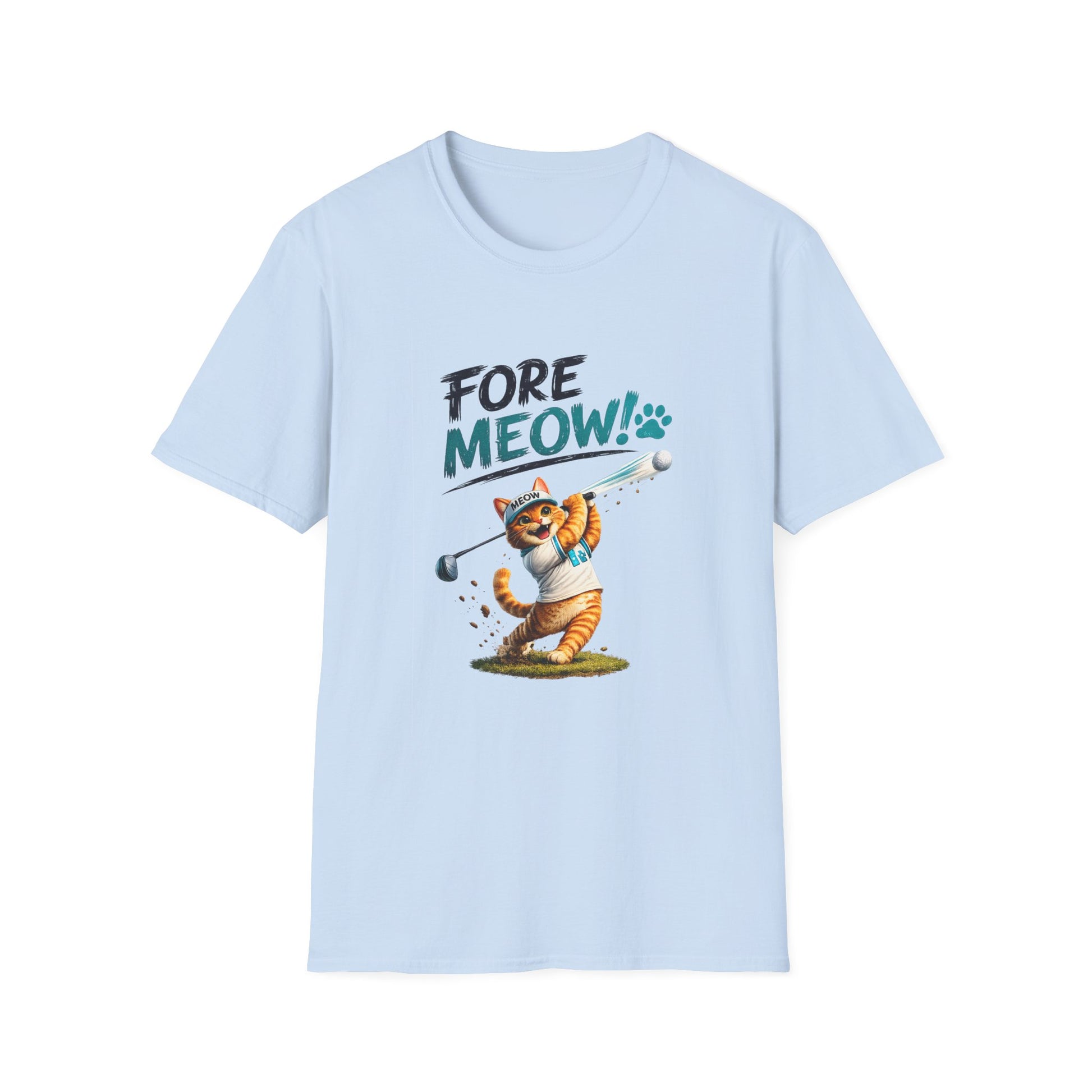 A light blue short-sleeve crewneck t-shirt featuring a graphic of an orange tabby cat playing golf with the text 'FORE MEOW!' and a paw print.