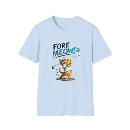 A light blue short-sleeve crewneck t-shirt featuring a graphic of an orange tabby cat playing golf with the text 'FORE MEOW!' and a paw print.