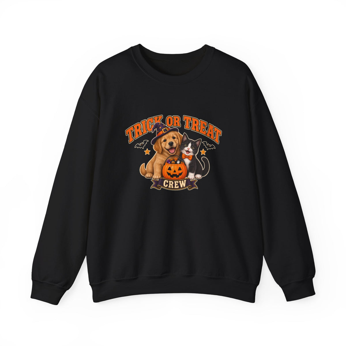 Trick or Treat Crew Halloween puppy and kitten sweatshirt in black
