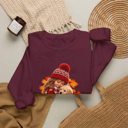 Folded maroon Golden Moments girl and puppy sweatshirt styled with neutral knit accessories