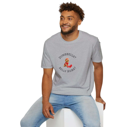 Goldendoodle Dog Lover Workout Tee – “Belly Rubs or Dumbbells?” with cute pup graphic perfect for dog lovers and fitness enthusiasts.