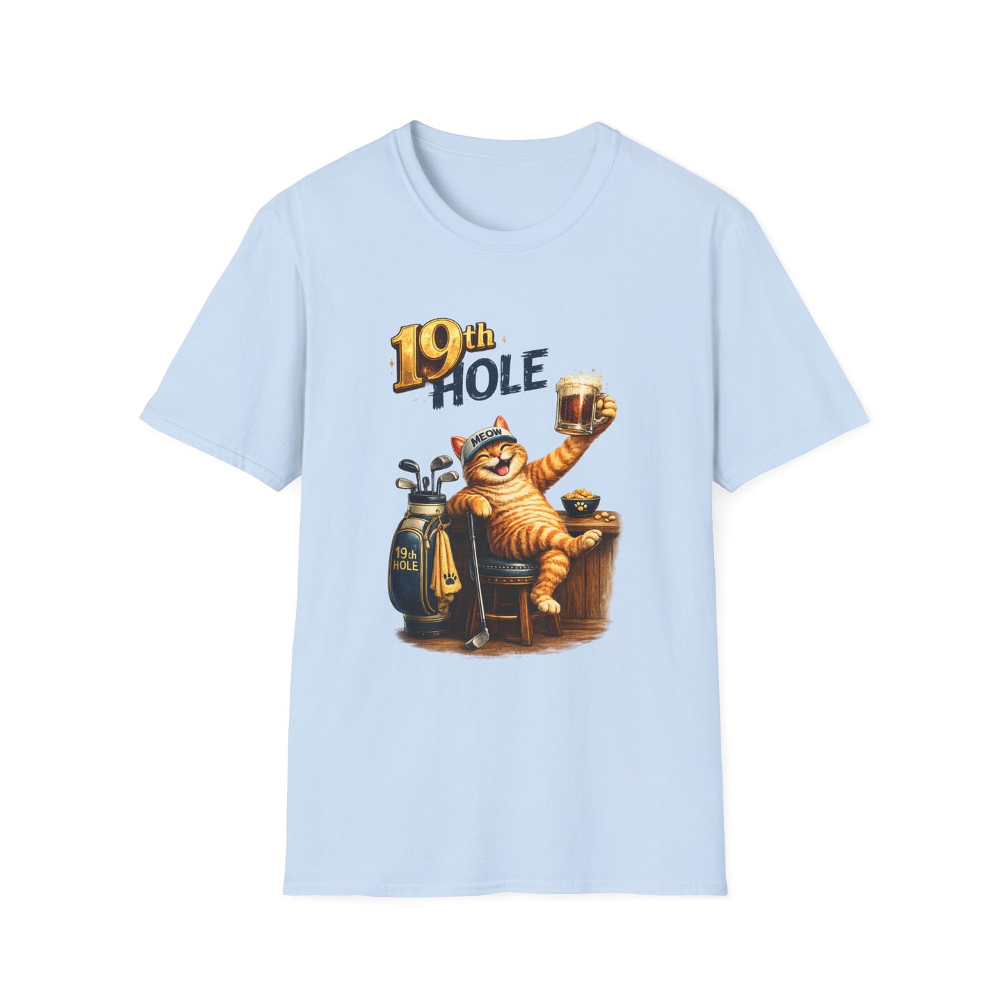 19th Hole funny cat golf T-shirt in light blue with orange tabby golfer
