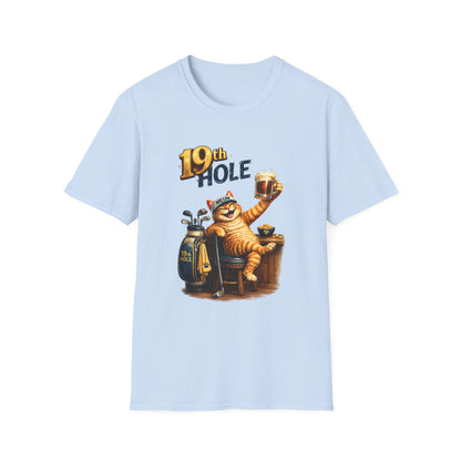19th Hole funny cat golf T-shirt in light blue with orange tabby golfer