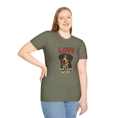 Person wearing a green t-shirt with a dog graphic and text on a white background