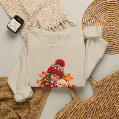 Folded sand Golden Moments girl and puppy sweatshirt styled with neutral knit accessories