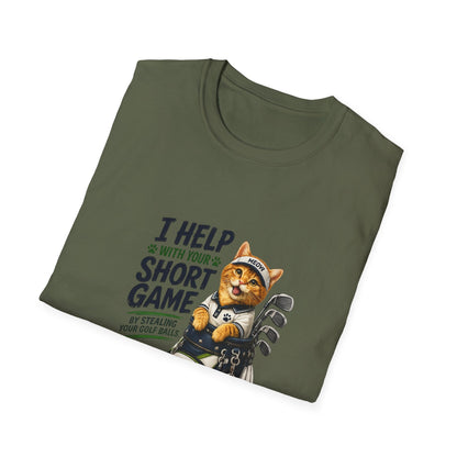 An olive green folded t-shirt with a graphic print of an orange tabby cat wearing a golf uniform and holding a golf club, next to the text 'I HELP WITH YOUR SHORT GAME BY STEALING YOUR GOLF BALL'.
