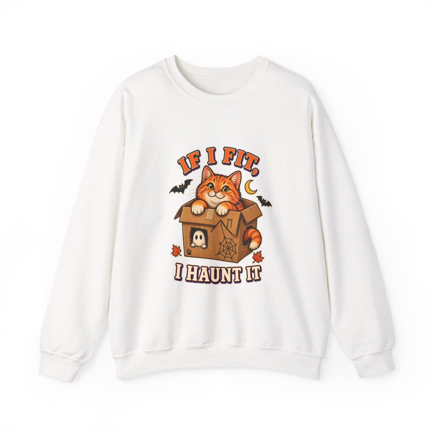 If I Fit I Haunt It Halloween cat sweatshirt in white
Orange tabby in haunted cardboard box on Halloween sweatshirt