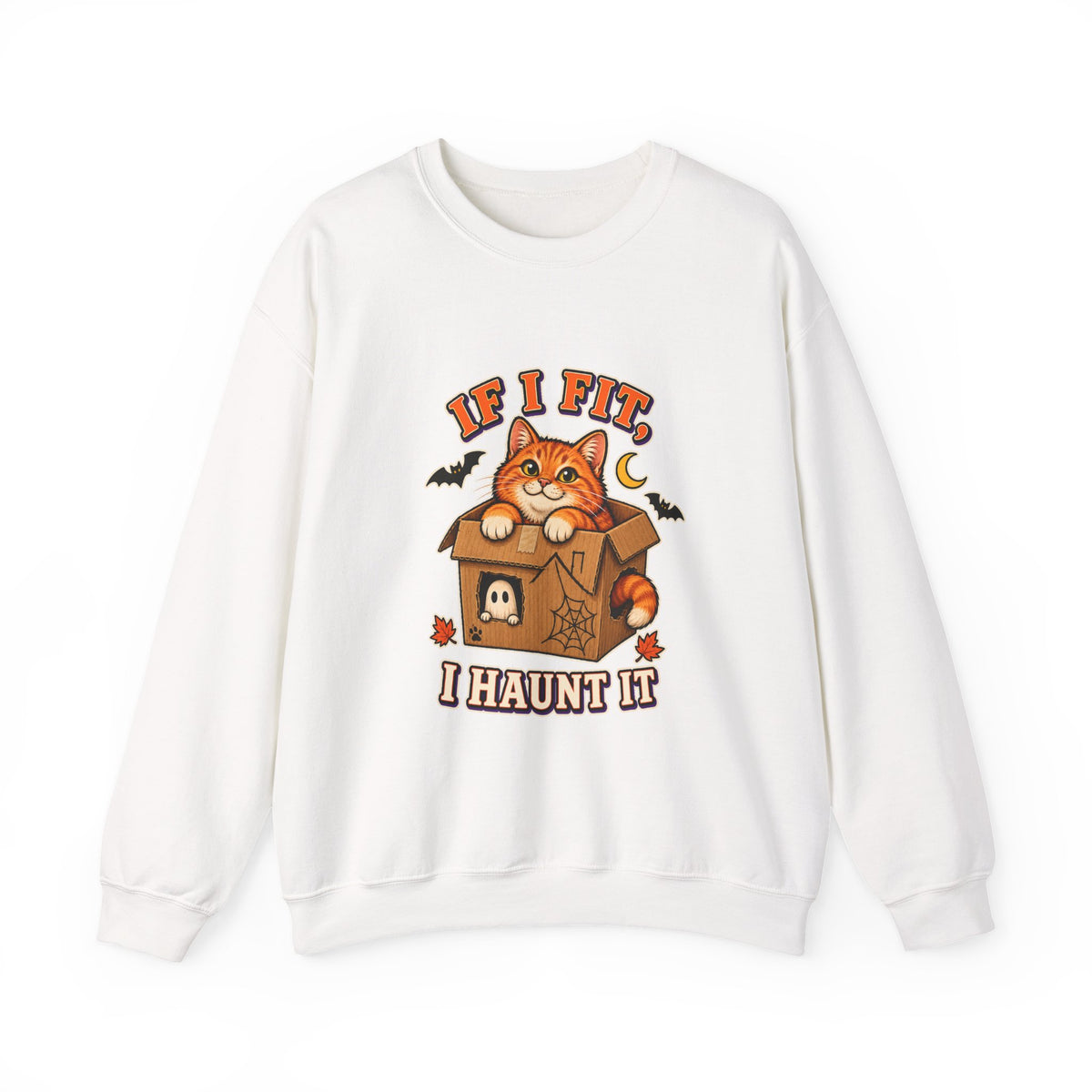 If I Fit I Haunt It Halloween cat sweatshirt in white
Orange tabby in haunted cardboard box on Halloween sweatshirt