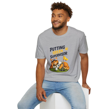 A man wearing a heather gray graphic t-shirt with a cartoon tiger on a golf green and the text 'PUTTING GREAT SUPervisor'.