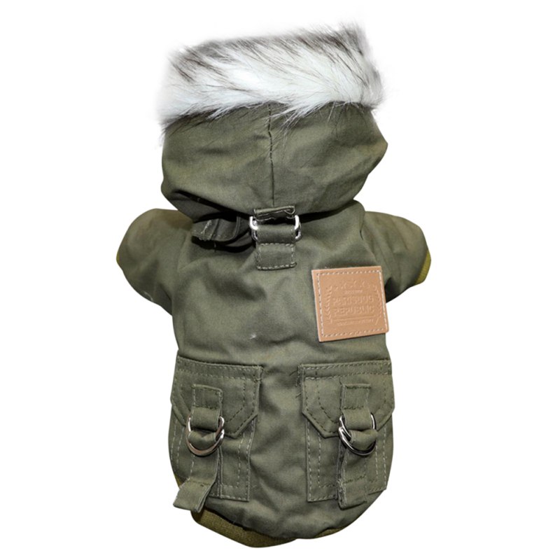 Green dog coat with fur hood on a white background