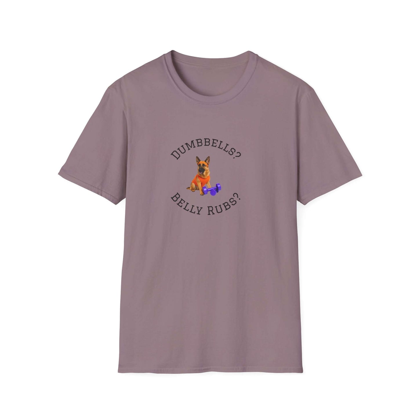 German Shepard Dog Lover Workout Tee –“Belly Rubs or Dumbbells?” featuring a cute dog and weights design.