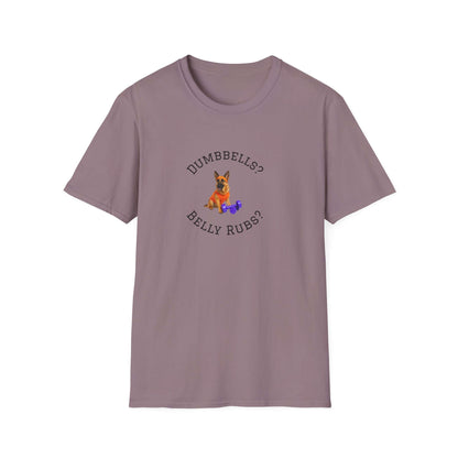 German Shepard Dog Lover Workout Tee –“Belly Rubs or Dumbbells?” featuring a cute dog and weights design.