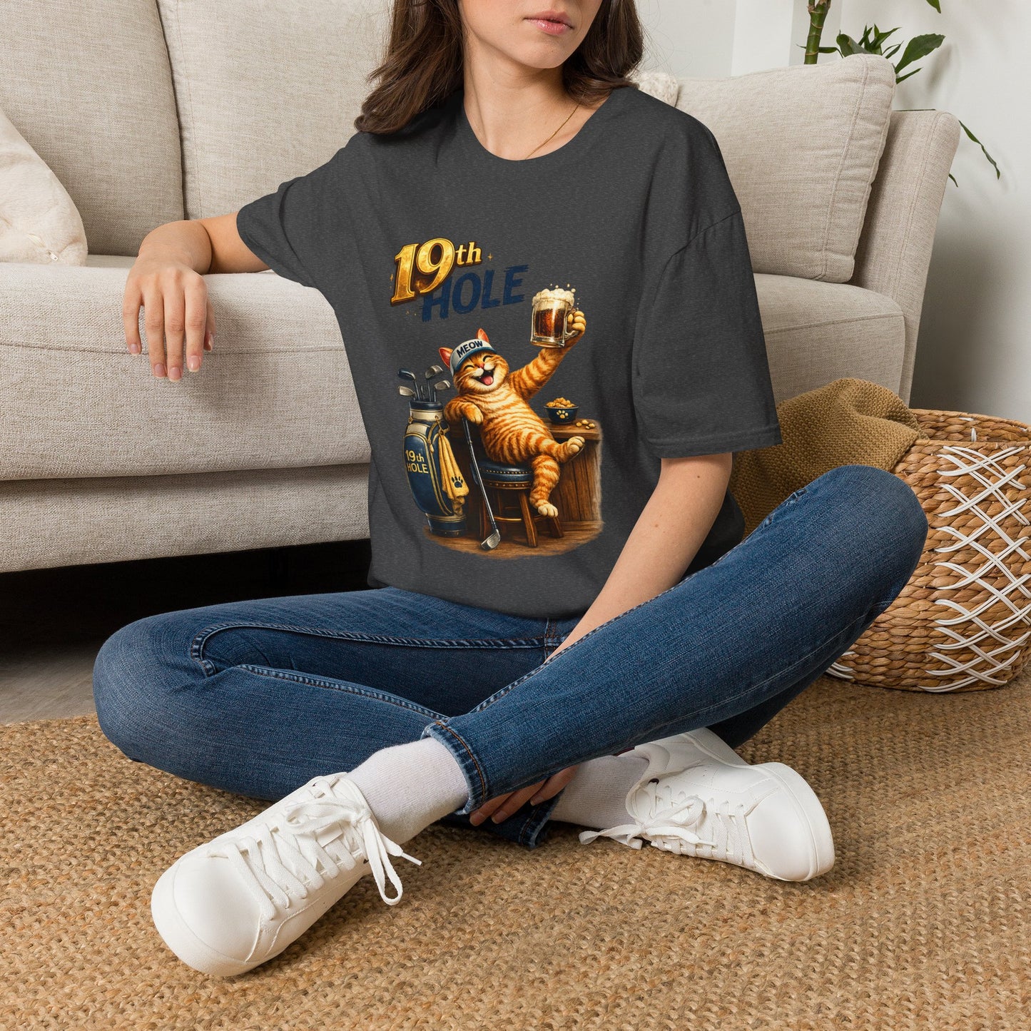19th Hole funny cat golf T-shirt in dark heather with orange tabby golfer